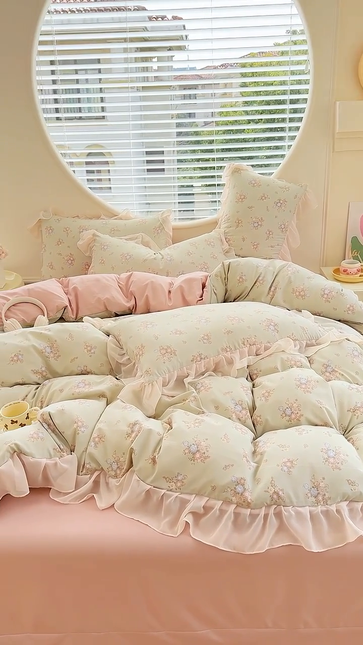 91家纺网 家纺一手货源 找家纺 苏拉家居 2025新款雪纺花边云感提花针织双层纱四件套 茶里茶气