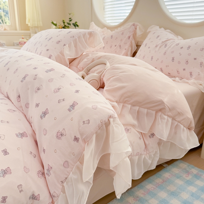 91家纺网 家纺一手货源 找家纺 苏拉家居 2025新款雪纺花边云感提花针织双层纱四件套 宠你