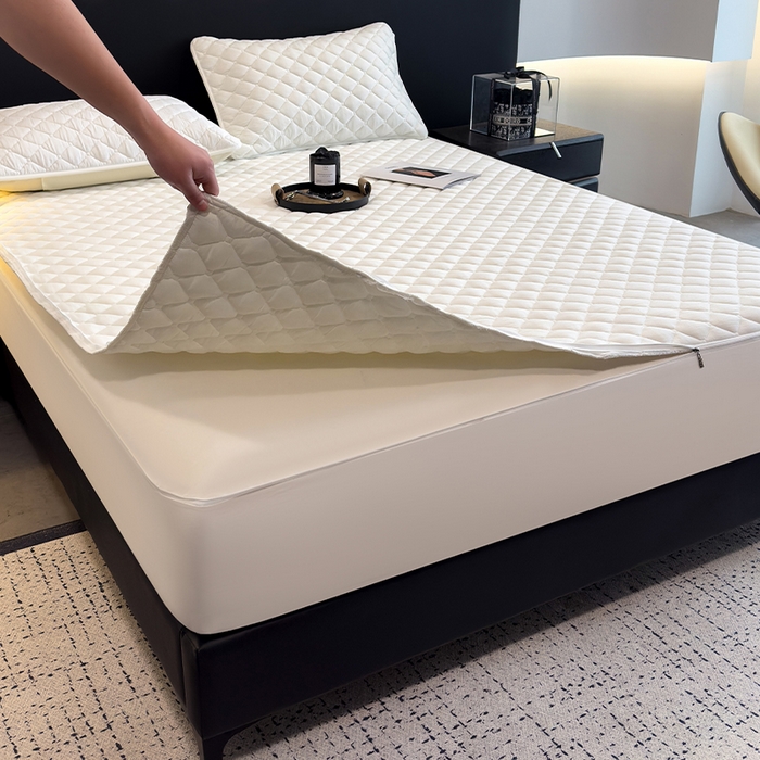 91家纺网 家纺一手货源 找家纺 叠派家纺 2025新款5A抗菌A类夹棉床笠经典款防水款系列 莹月白-小格子防水款