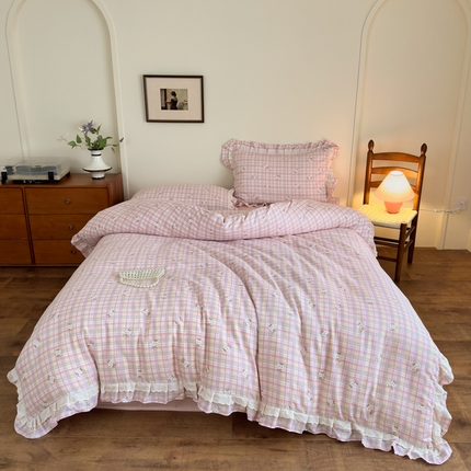 乐童家纺 2025纯棉A类双层纱双花边工艺小清新四件套 可爱猫咪