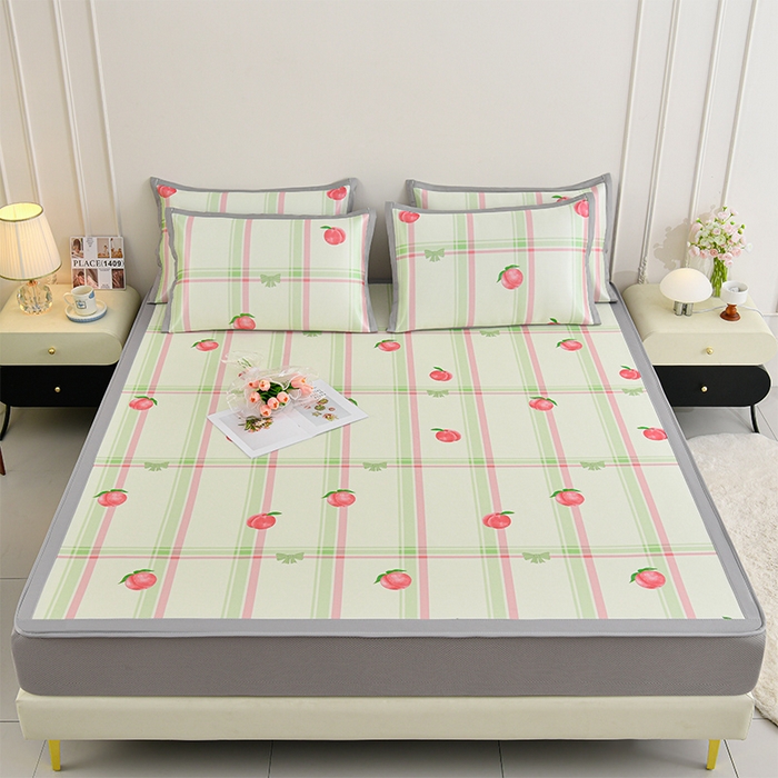 91家纺网 家纺一手货源 找家纺 简一 2025新款A类碳光印花数码冰丝凉席系列-床笠款 水蜜桃-绿