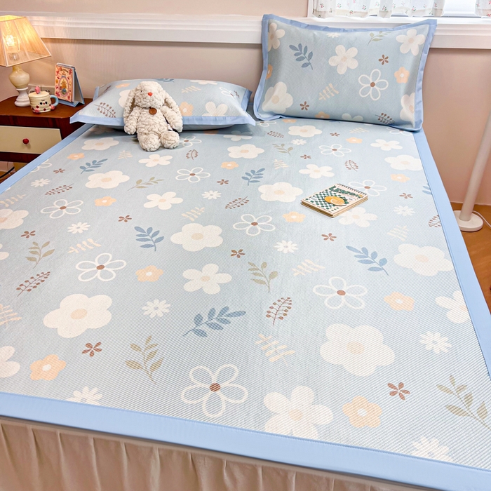 91家纺网 家纺一手货源 找家纺 慕尚家纺 2025新款数码印花床席床笠款冰藤席 床席款-花朵蓝