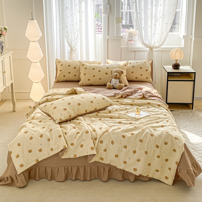 91家纺网 家纺一手货源 找家纺 2025新款针织双层纱夏被床盖四件套单夏被单床盖单品 曲奇饼干