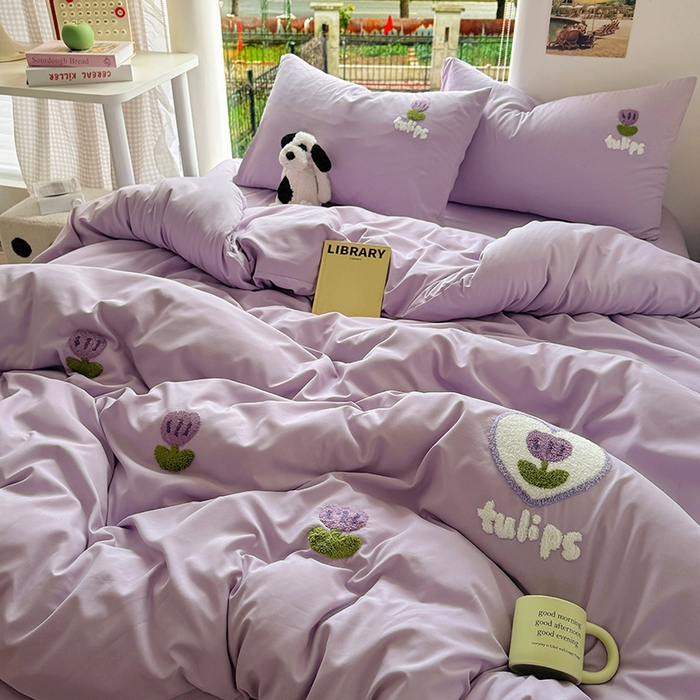 91家纺网 家纺一手货源 找家纺 耀达家居 2025新款A类水洗棉毛巾绣四件套 郁金香