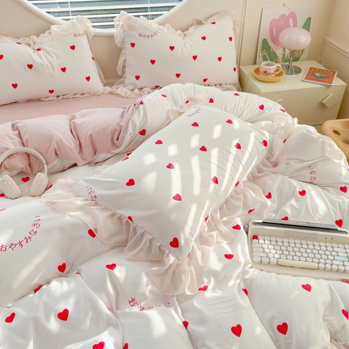 91家纺网 家纺一手货源 找家纺 苏拉家居 2025新款雪纺花边云感提花针织双层纱四件套 爱你哟