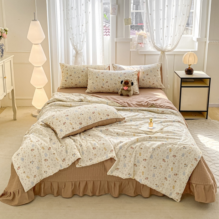 91家纺网 家纺一手货源 找家纺 2025新款针织双层纱夏被床盖四件套单夏被单床盖单品 奶芙汪汪