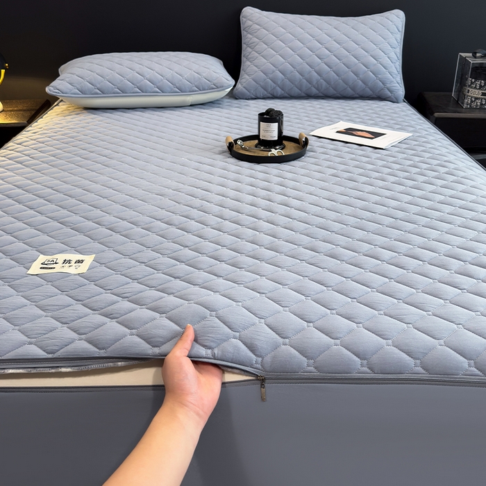 91家纺网 家纺一手货源 找家纺 叠派家纺 2025新款5A抗菌A类夹棉床笠经典款防水款系列 月光灰-小格子防水款