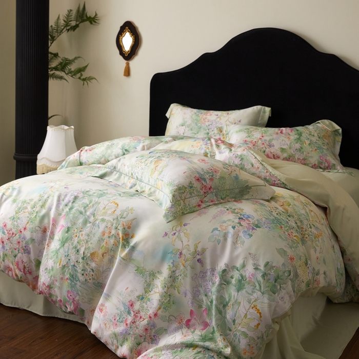 91家纺网 家纺一手货源 找家纺 金奇达家纺 2025新款竹玉清丝四件套-雅韵【标准号全网控价（折后券后）不低于元228元】 悠悠风铃-青青