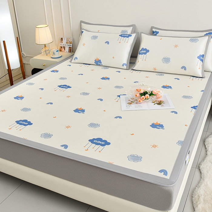 91家纺网 家纺一手货源 找家纺 简一 2025新款A类碳光印花数码冰丝凉席系列-床笠款 蓝天白云