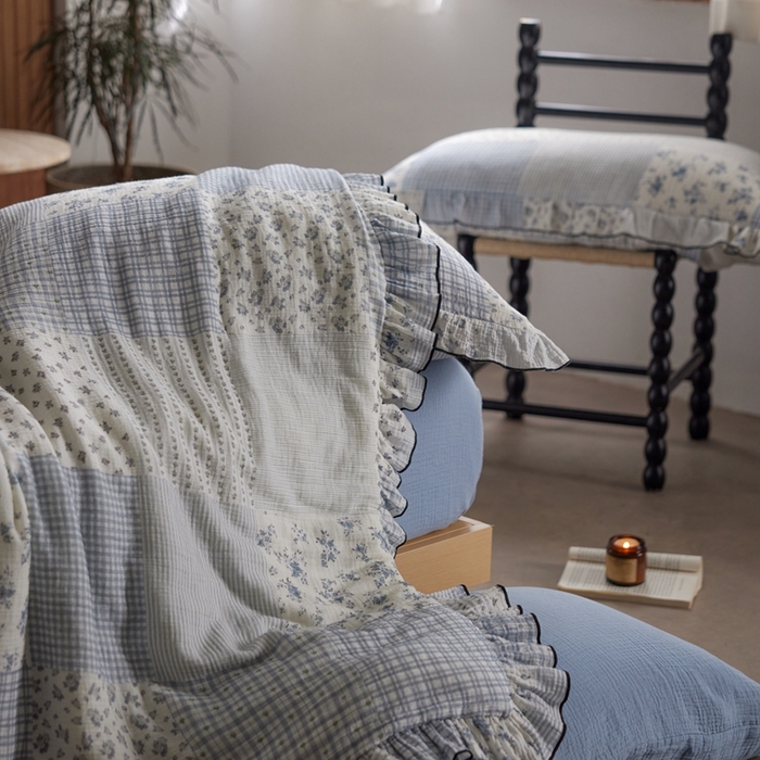 91家纺网 家纺一手货源 找家纺 安莱生活 2025新款全棉精梳棉双层纱绉纱数码印花四件套 百家布-蓝