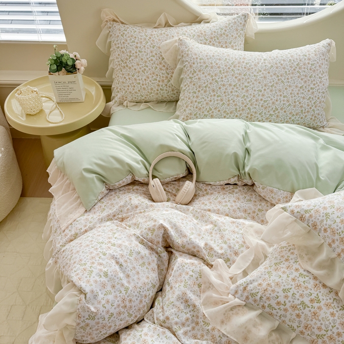 91家纺网 家纺一手货源 找家纺 苏拉家居 2025新款雪纺花边云感提花针织双层纱四件套 繁花