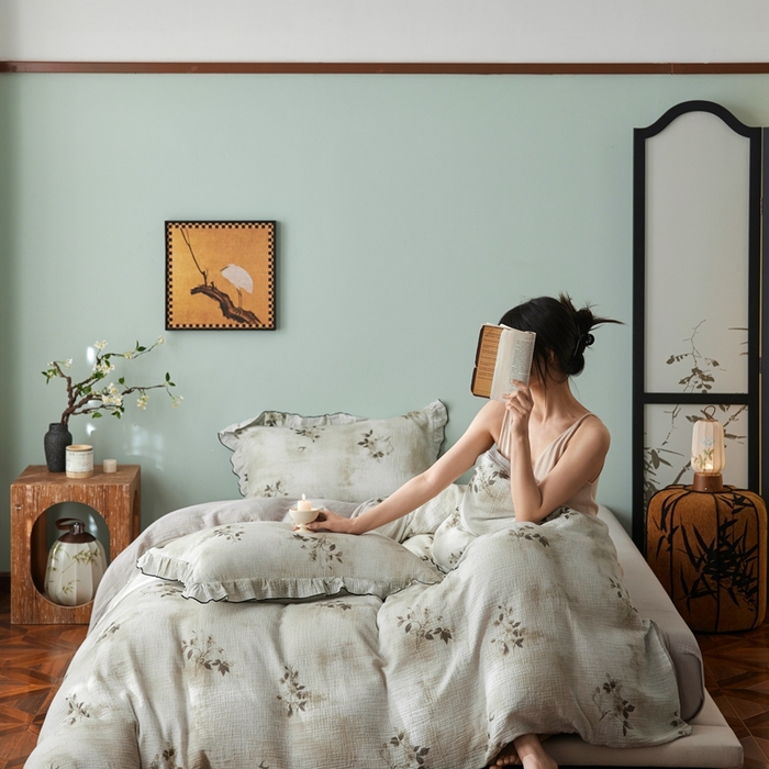 91家纺网 家纺一手货源 找家纺 安莱生活 2025新款全棉精梳棉双层纱绉纱数码印花四件套 云屿间-绿