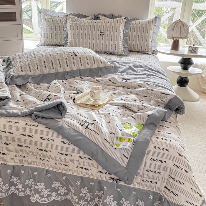 91家纺网 家纺一手货源 找家纺 2025新款直播热款A类针织棉双层纱床盖款夏被四件套 min-灰