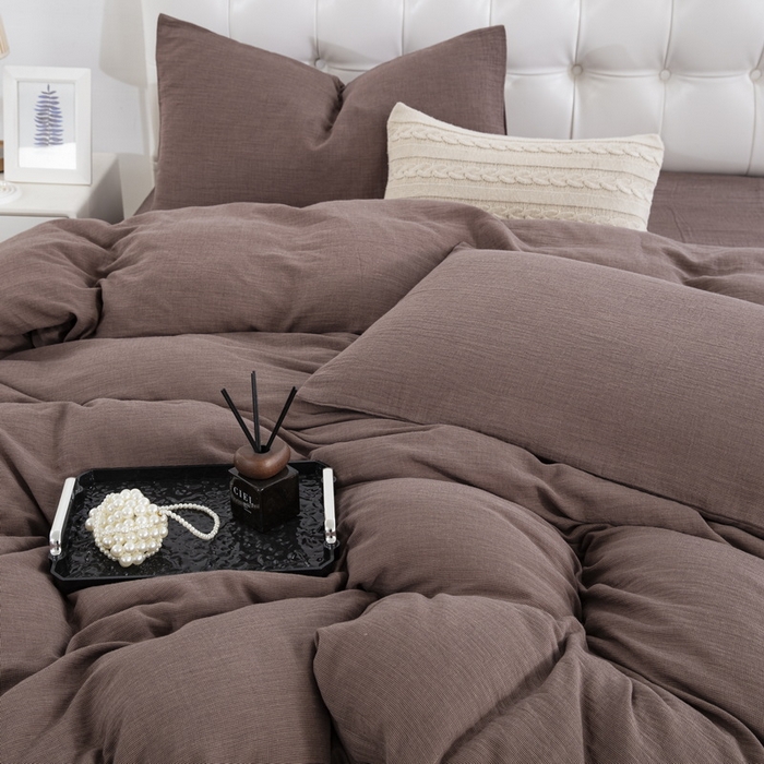 91家纺网 家纺一手货源 找家纺 （总）2025新款全棉色织双层纱拉链款四件套 千禧格-咖