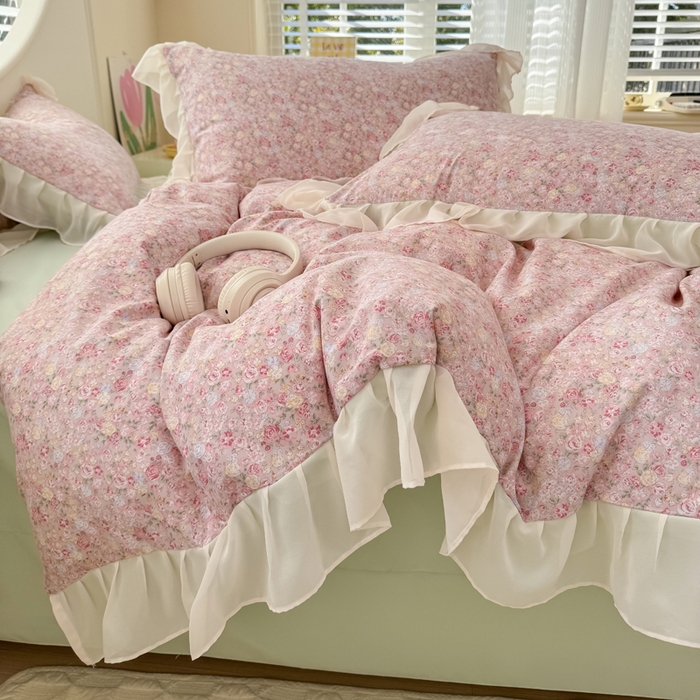 91家纺网 家纺一手货源 找家纺 苏拉家居 2025新款雪纺花边云感提花针织双层纱四件套 蔷薇花开