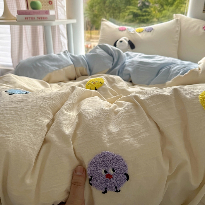 91家纺网 家纺一手货源 找家纺 耀达家居 2025新款A类水洗棉毛巾绣四件套 奇趣豆-燕麦