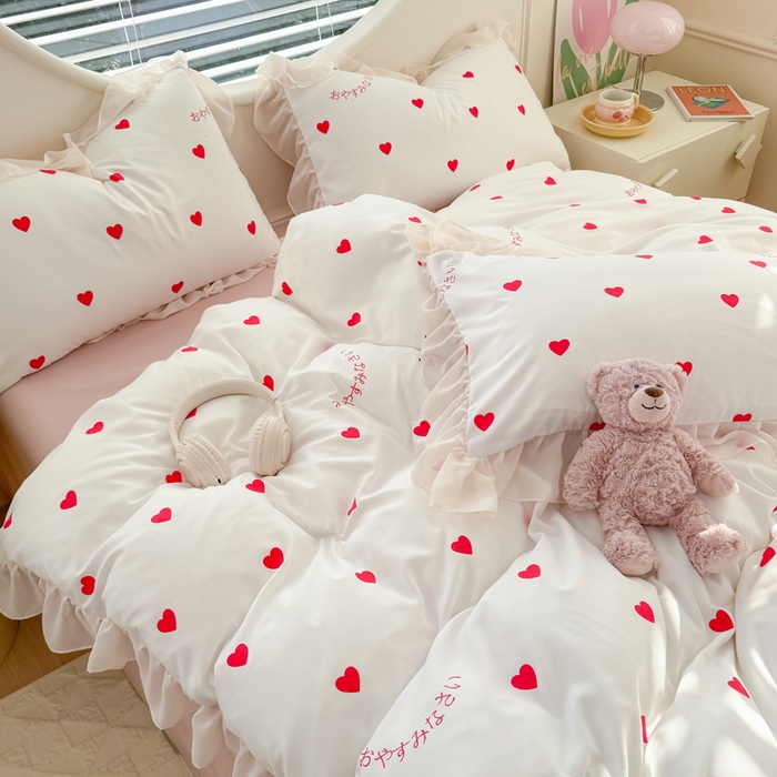 91家纺网 家纺一手货源 找家纺 苏拉家居 2025新款雪纺花边云感提花针织双层纱四件套 爱你哟