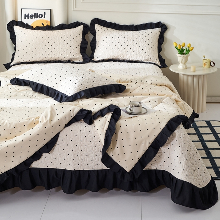 91家纺网 家纺一手货源 找家纺 蝶帕家纺 2025新款法式赫本风韩版花边床盖款夏被四件套 点点爱