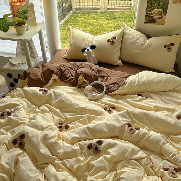 91家纺网 家纺一手货源 找家纺 耀达家居 2025新款A类水洗棉毛巾绣四件套 掌门狗-奶酪