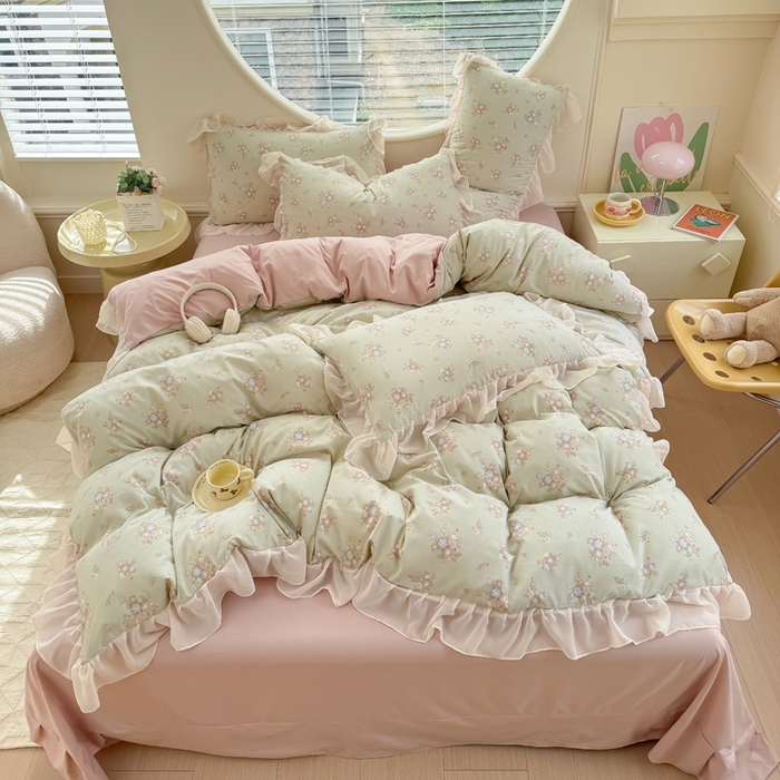 91家纺网 家纺一手货源 找家纺 苏拉家居 2025新款雪纺花边云感提花针织双层纱四件套 茶里茶气