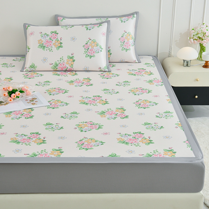 91家纺网 家纺一手货源 找家纺 简一 2025新款A类碳光印花数码冰丝凉席系列-床笠款 满园春色