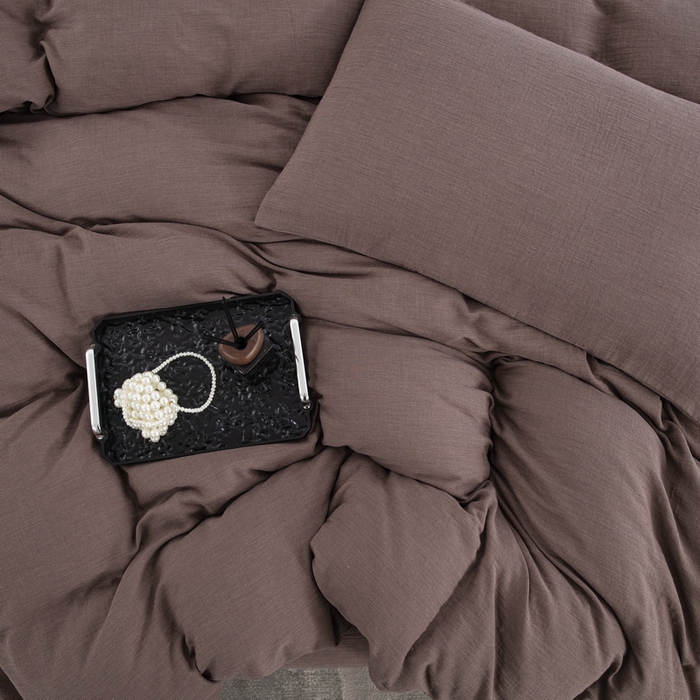 91家纺网 家纺一手货源 找家纺 （总）2025新款全棉色织双层纱拉链款四件套 千禧格-咖