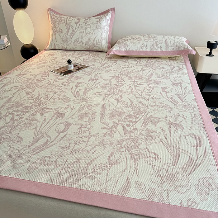 91家纺网 家纺一手货源 找家纺 格真2025新款简约印花冰藤席席子凉席 莫奈花园-粉