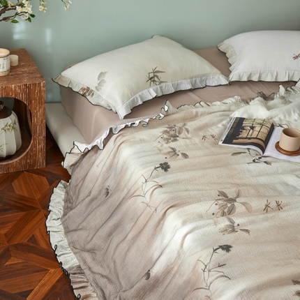 安莱生活 2025新款全棉精梳棉双层纱绉纱数码印花夏凉被 烟雨江南-咖  夏被