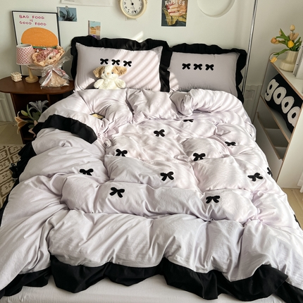 91家纺网 家纺一手货源 找家纺 （总）子钦家纺 2025新款水洗棉云朵棉韩版花边毛巾绣床单，床笠，床裙四件套-蝴蝶结系列