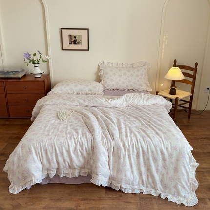 乐童家纺 2025纯棉A类双层纱双花边工艺小清新四件套 花弄影