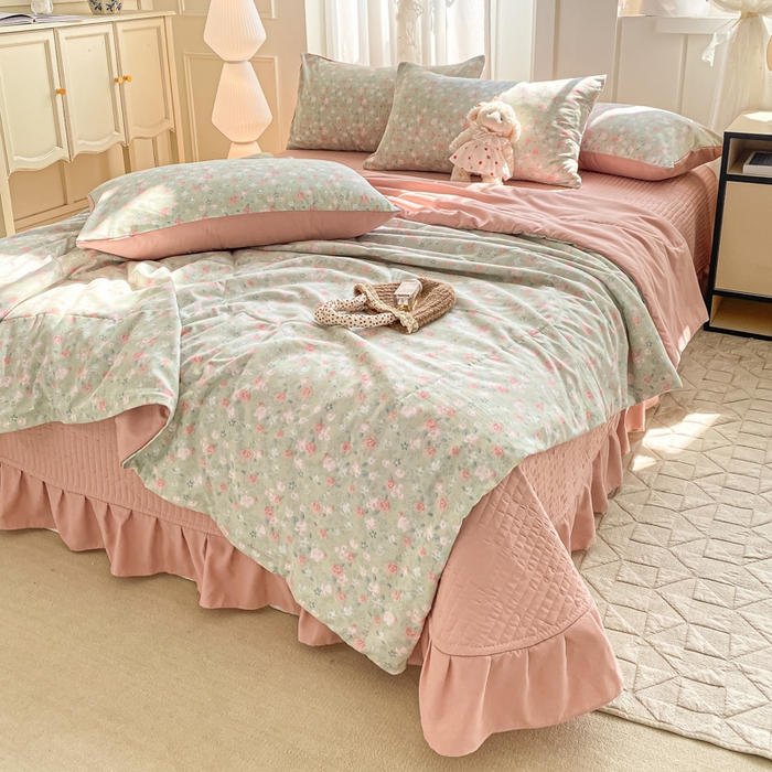 91家纺网 家纺一手货源 找家纺 2025新款针织双层纱夏被床盖四件套单夏被单床盖单品 海盐薄荷