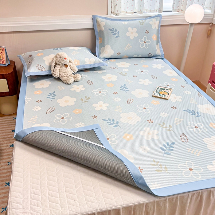 91家纺网 家纺一手货源 找家纺 慕尚家纺 2025新款数码印花床席床笠款冰藤席 床席款-花朵蓝