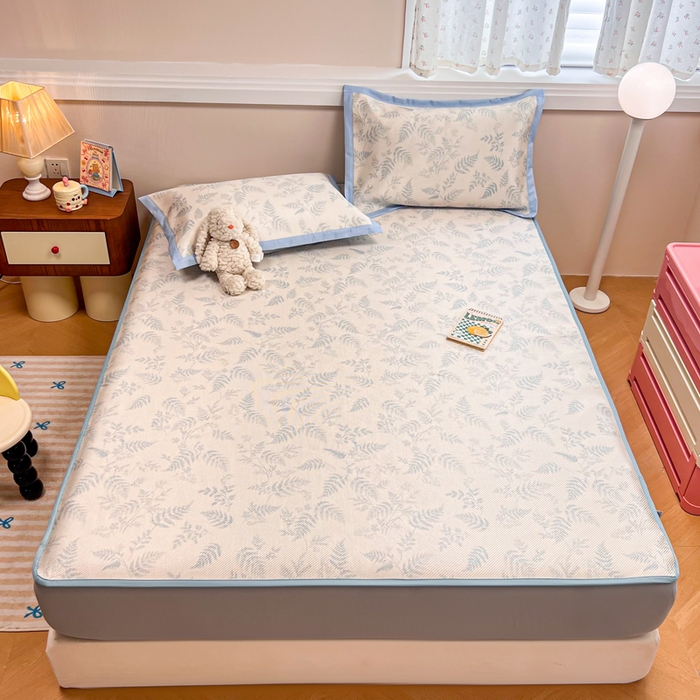 91家纺网 家纺一手货源 找家纺 慕尚家纺 2025新款数码印花床席床笠款冰藤席 床笠款-土豆叶