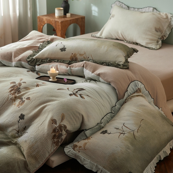 91家纺网 家纺一手货源 找家纺 安莱生活 2025新款全棉精梳棉双层纱绉纱数码印花四件套 烟雨江南-绿