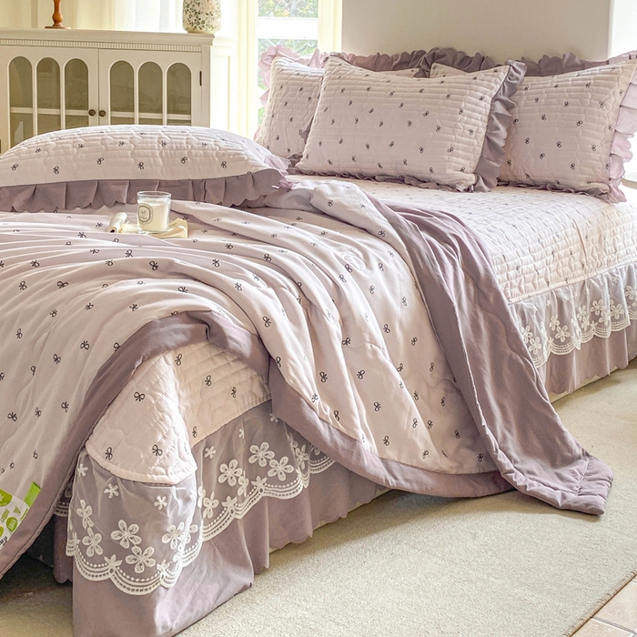 91家纺网 家纺一手货源 找家纺 2025新款直播热款A类针织棉双层纱床盖款夏被四件套 米娅