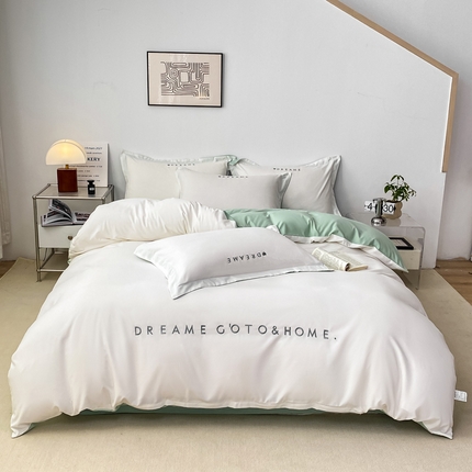 91家纺网 家纺一手货源 找家纺 芷凡家纺 2025新款水洗磨毛刺绣四件套-梦想 梦想-普白+浅绿