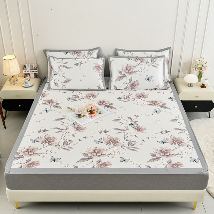 91家纺网 家纺一手货源 找家纺 简一 2025新款A类碳光印花数码冰丝凉席系列-床笠款 蝴蝶花谷