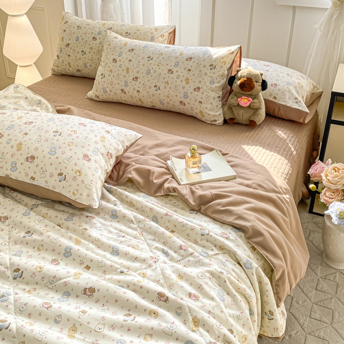 91家纺网 家纺一手货源 找家纺 2025新款针织双层纱夏被床盖四件套单夏被单床盖单品 奶芙汪汪