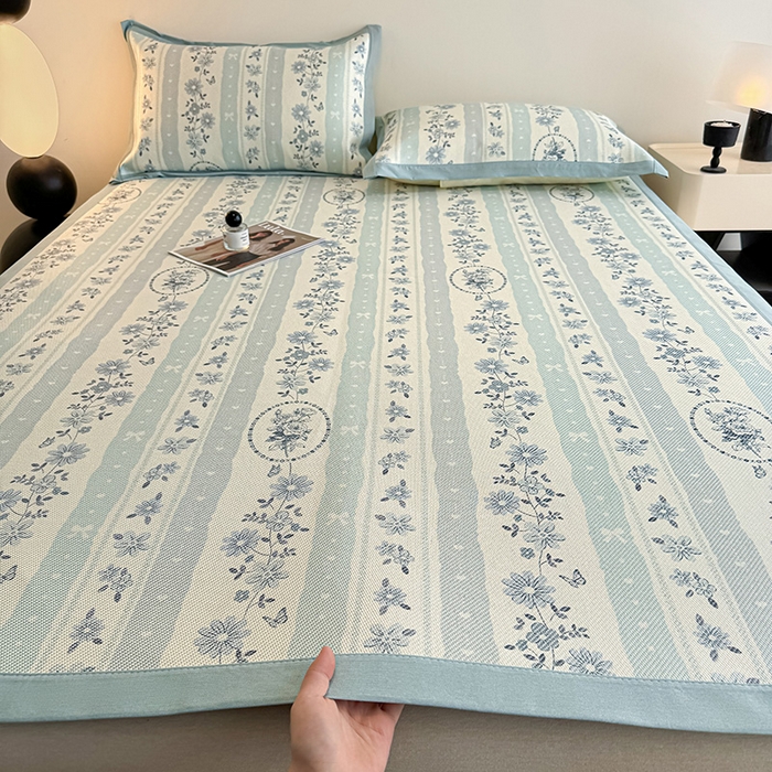 91家纺网 家纺一手货源 找家纺 格真2025新款简约印花冰藤席席子凉席 一路繁花-兰