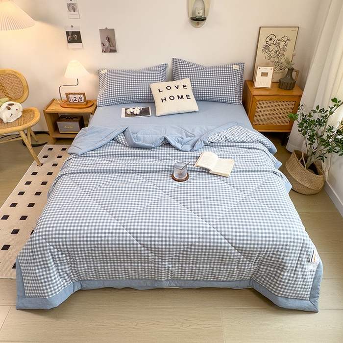 91家纺网 家纺一手货源 找家纺 宝士康家纺 2025新款10A抗菌无印风夏被四件套 天蓝小格