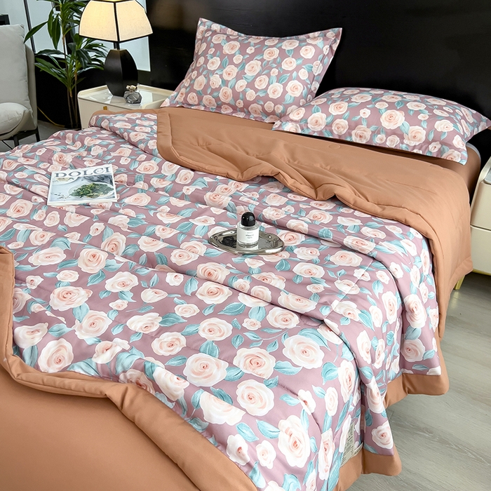 91家纺网 家纺一手货源 找家纺 宝士康家纺 2025新款10A抗菌双层纱印花夏被四件套 夏日玫瑰