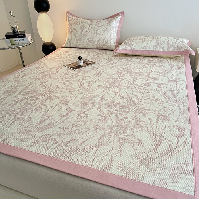 91家纺网 家纺一手货源 找家纺 格真2025新款简约印花冰藤席席子凉席 莫奈花园-粉