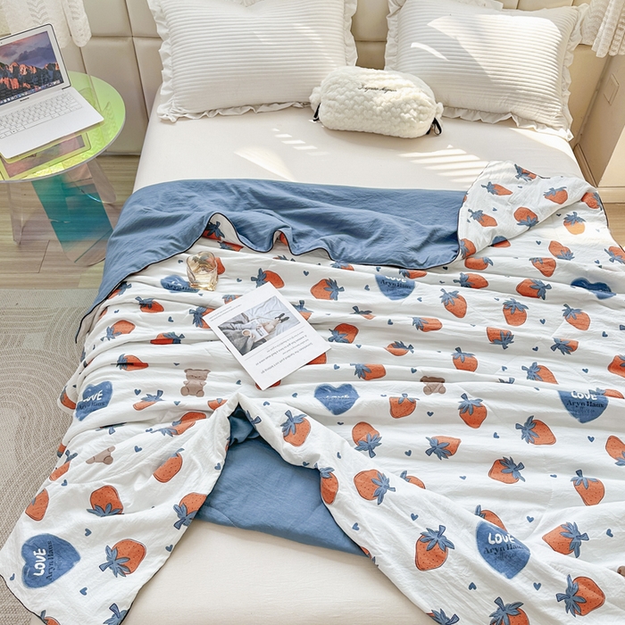 91家纺网 家纺一手货源 找家纺 富艺隆 2025新款A类水洗棉双层纱夏被水洗棉麻空调被直播爆款大豆夏被 莓天开心