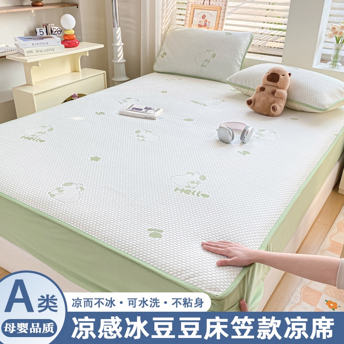 91家纺网 家纺一手货源 找家纺 春寻家纺 2025新款冰豆豆冰丝凉席-卡皮巴拉系列 床笠款-卡皮巴拉-绿