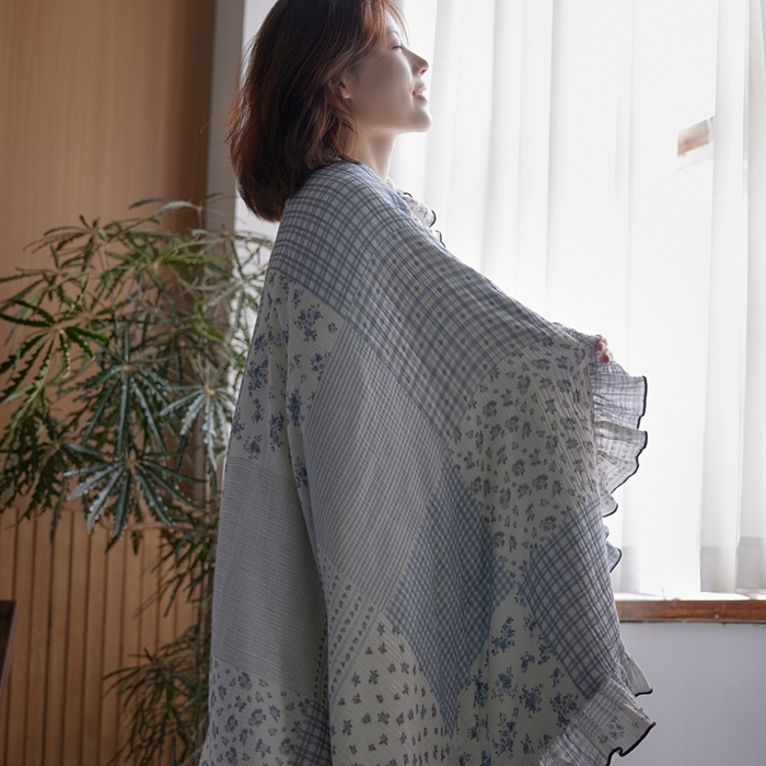 91家纺网 家纺一手货源 找家纺 安莱生活 2025新款全棉精梳棉双层纱绉纱数码印花四件套 百家布-蓝