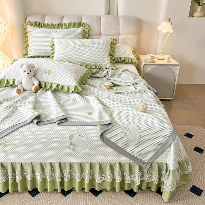 91家纺网 家纺一手货源 找家纺 2025新款A类冰豆豆提花凉席床盖 床盖款-卡皮巴拉-苹果绿