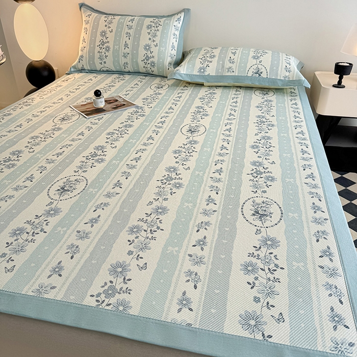 91家纺网 家纺一手货源 找家纺 格真2025新款简约印花冰藤席席子凉席 一路繁花-兰