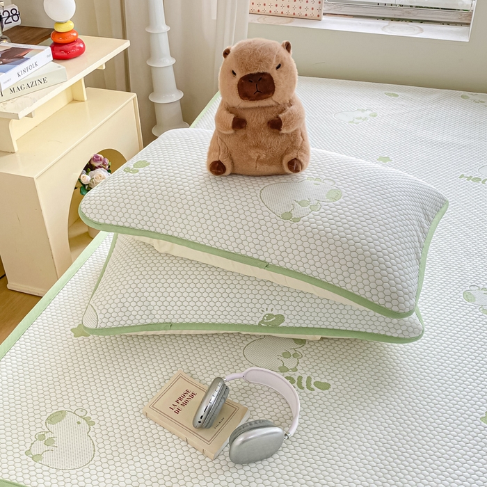 91家纺网 家纺一手货源 找家纺 春寻家纺 2025新款冰豆豆冰丝凉席-卡皮巴拉系列 床单款-卡皮巴拉-绿