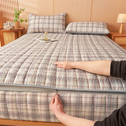 苏拉家居 2025新款无印风拉链式可拆6面全包夹棉绗缝床笠 可可奈-粉灰五面夹棉