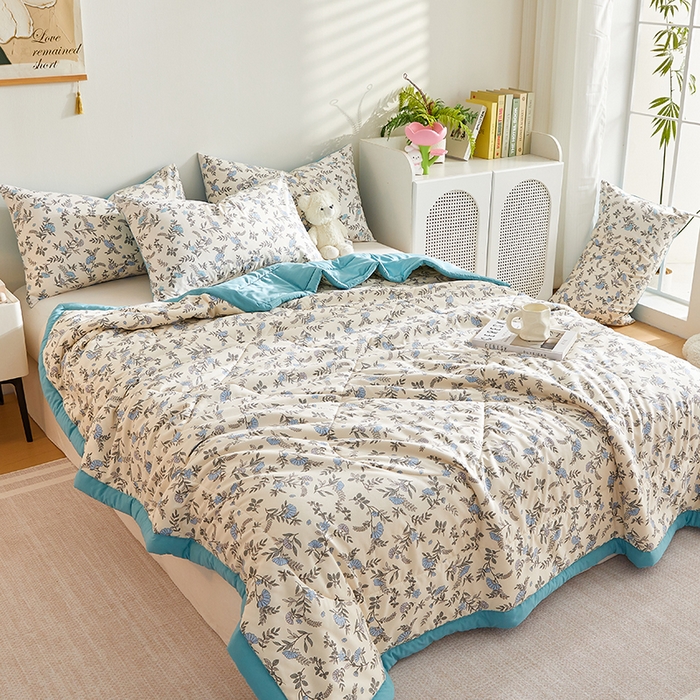 91家纺网 家纺一手货源 找家纺 海洋家纺 2025款水洗棉纯棉花夏凉被全棉花印花夏被空调被薄被子 满庭蓝